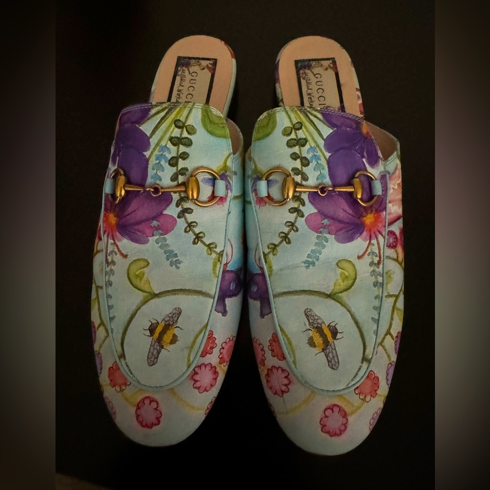 Gucci xSkilled Worker Flora Painted Princetown Slipper 39 Cloudy Blue Multicolor